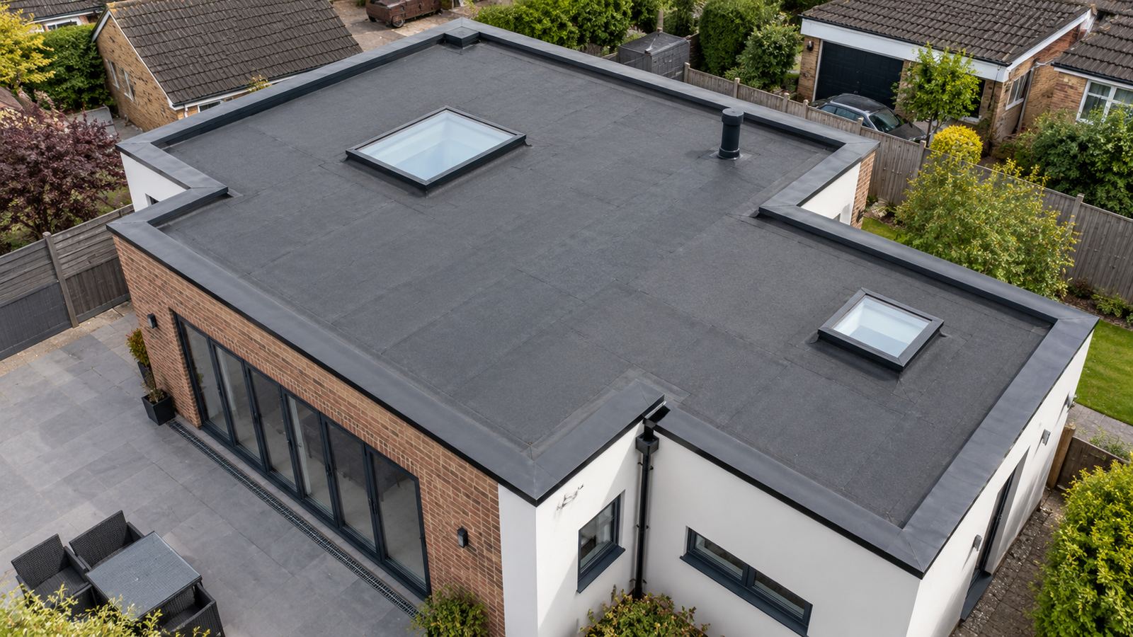 Aerial view of a flat roof on an extension