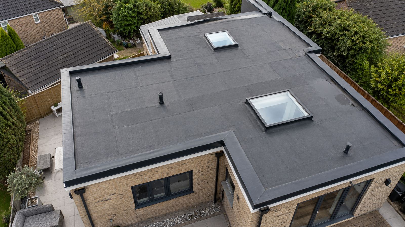 Completed flat roof with rooflights on a Kent home