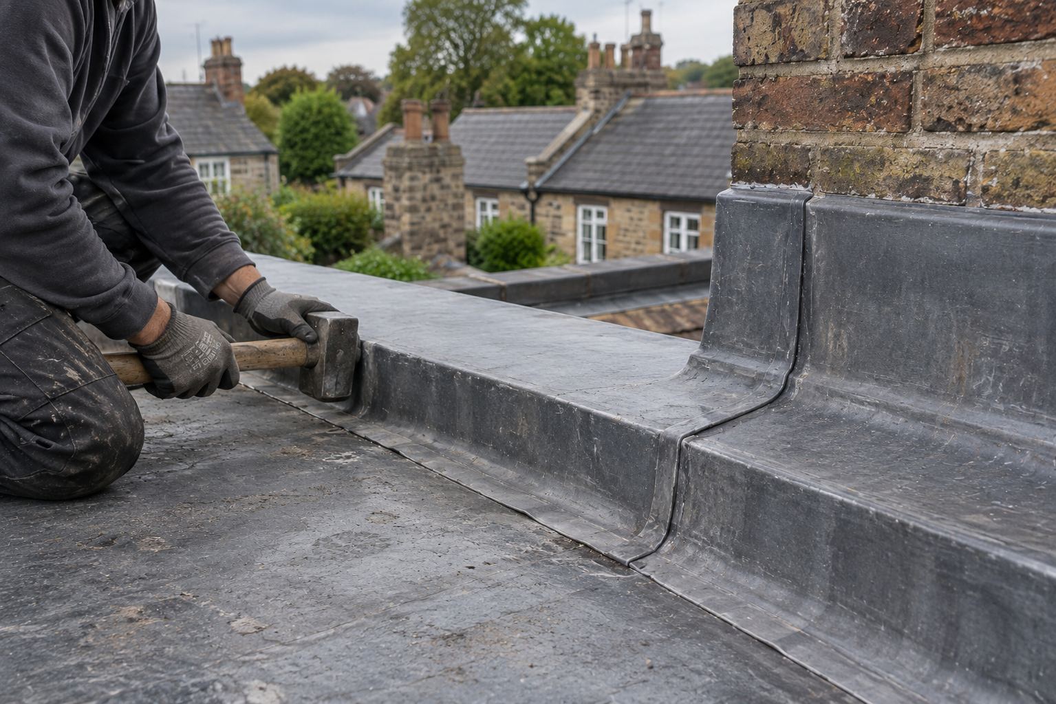 Roofer dressing lead flashing at a chimney