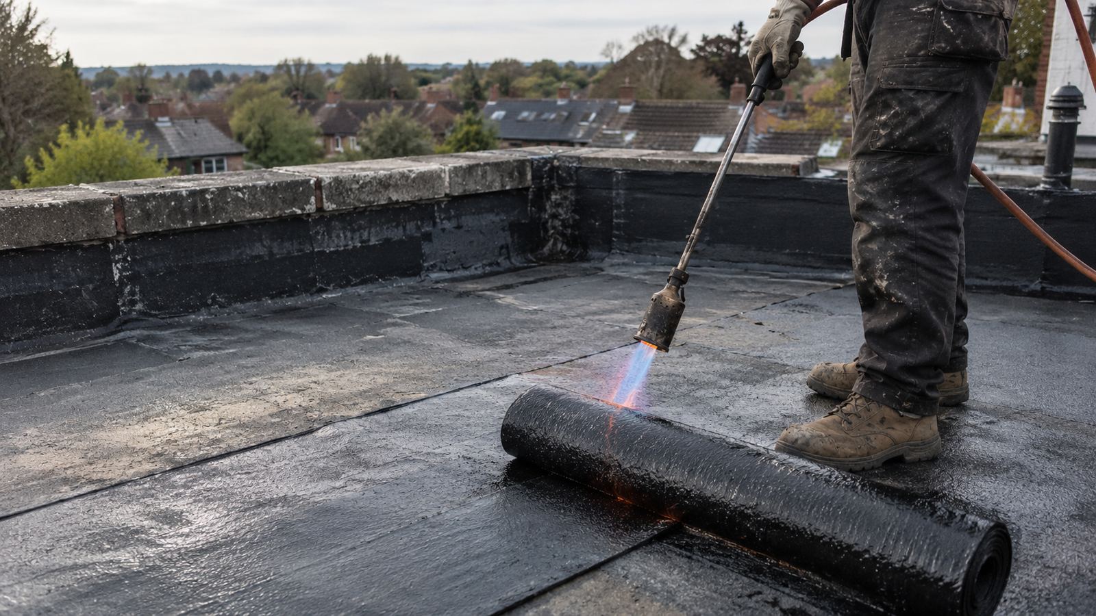 Roofer installing a felt membrane